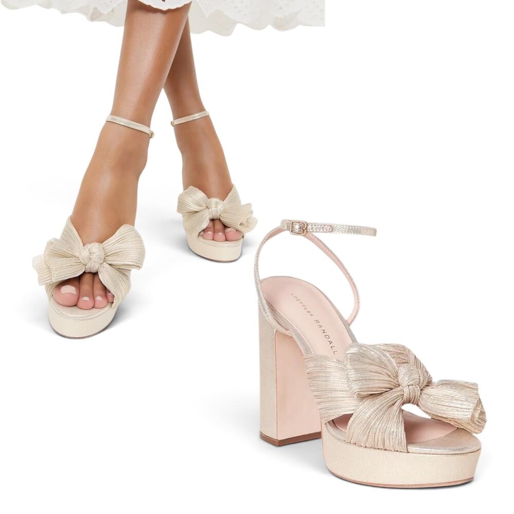 Loeffler Randall Womens Natalia Pleated Bow Platform Heel Platinum Gold Size 9.5